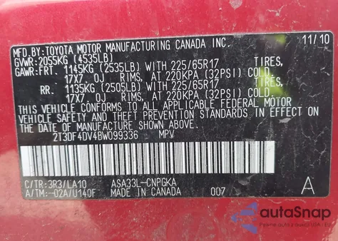 2011 Toyota Rav4 Limited from USA, damaged, VIN 2T3DF4DV4BW099336